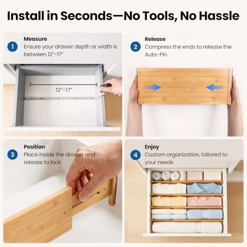 4 Pack 6" Deep Bamboo Drawer Dividers, 12-17" Expandable Kitchen Organizers