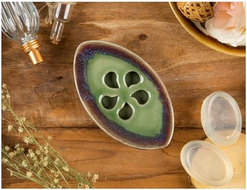 Ceramic Soap Dish with Self Draining Tray for Bar Soap, Bathroom, Kitchen (Green No.2)