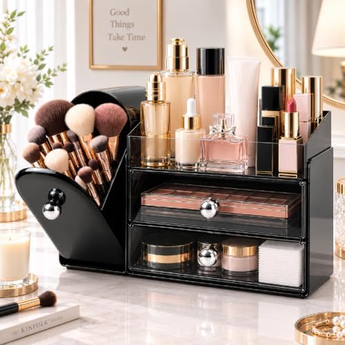 Makeup Organizer with Makeup Brush Holder, Vanity Organizer Large Cosmetic Display Cases, Skincare Organizers and Bathro