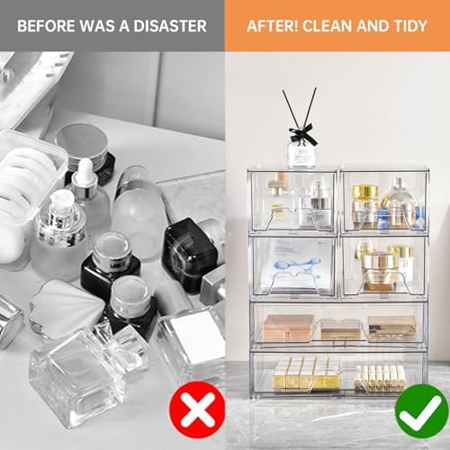 Stackable Makeup Organizer Storage Drawers Set of 6, Clear Plastic Organizer Bins for Beauty Supplies,Ideal for Vanity, 