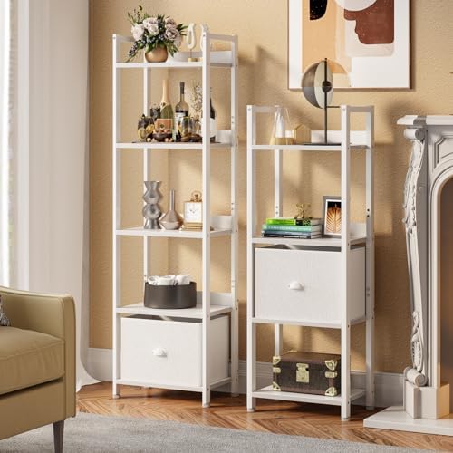 Furologee 5 Tier Bookshelf with Fabric Drawer, Tall Narrow Bookcase, White