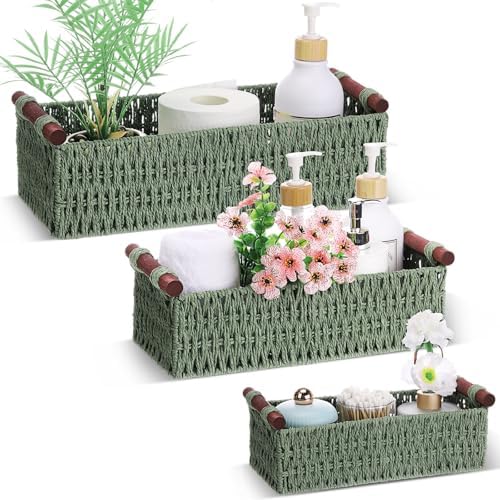 Boao 3 Pcs Boho Storage Wicker Baskets Handmade Woven Decorative Paper Rope Baskets for Organizing with Handle Counterto