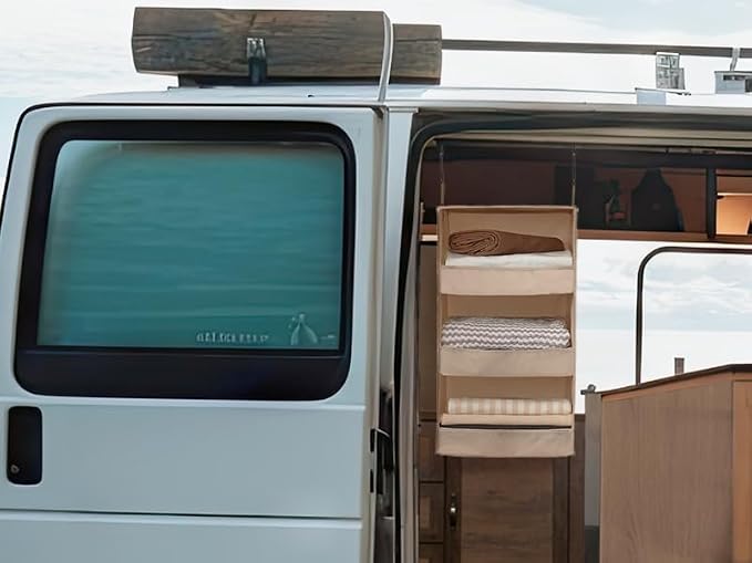 GRANNY SAYS 3 Shelf Hanging Closet Organizers and Storage, Collapsible Closet Storage Organizer with 2 Metal Hooks, Leak-Proof Hanging Shelves for Wardrobe, RV Camper, Locker, 2 Pack, Khaki