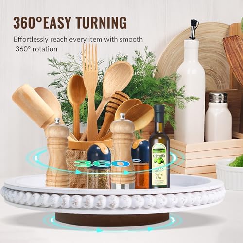 HPC Decor 12Inch Beaded Lazy Susan- Wooden Lazy Susan Organizer for Farmhouse Table Decor, Round Turntable for Table Cab