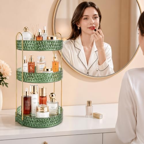 Large Capacity Rotating Makeup Organizer Perfume Stand Holder, 3 Tier Green