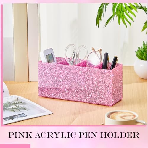 Jetec Acrylic Pen Holder for Girl Desktop, 4 Compartments, Sparkly Pink
