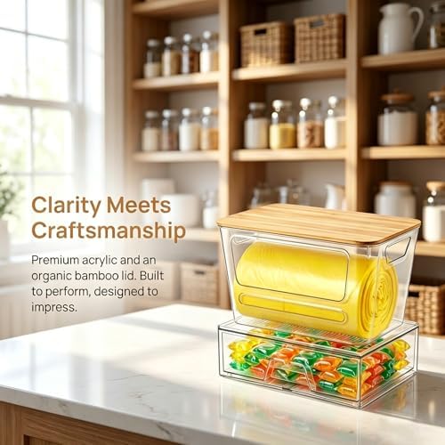 Trash Bag Dispenser Under Sink Organizer, Plastic Garbage Bag Holder with Bamboo Lid, Stackable Container for Dishwasher