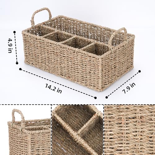 Wicker Party Silverware Caddy, Handwoven Seagrass Cutlery Utensil Holder with Handles, Kitchen Countertop and Picnic Fla