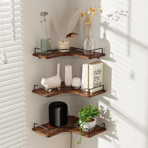 L-Shaped Corner Floating Shelves Wall Mounted Set of 3,Brown