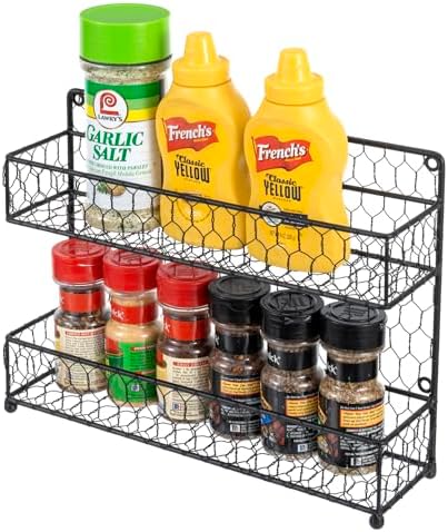 MyGift Spice Rack Wall Mount, Counter 2 Tier Spice Rack, over the Stove Seasoning Jar Storage Organizer, Black Metal Wir
