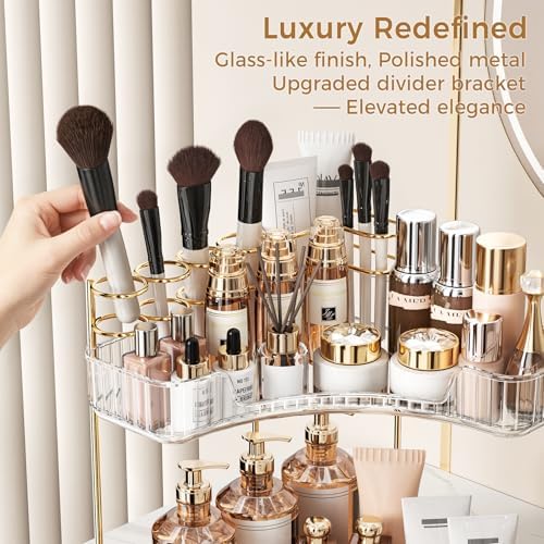 BEFSOP Corner Bathroom Counter Organizer, Upgraded 3-Tier Makeup Organizer Countertop with Makeup Brush Holder, Skincare