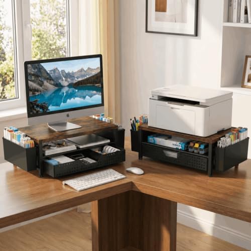 ECOLOVI Desk Organizer and Accessories, 2-Tier Computer Monitor Stand Rise with Storage Drawer & 2 Pen Holders, Laptop &