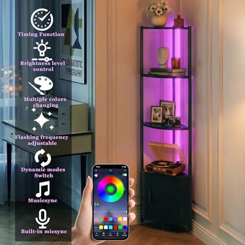 Corner Shelf with Storage, LED Lights 6-Tier Corner Bookshelf, 66'' Organizer Book Shelf Shelves Steel Frame Display Sta
