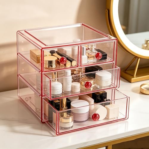 AJIODA Makeup Drawer Organizer Box with 3 Drawers, Acrylic Cosmetic Display Case Vanity Organizer Jewelry Storage Box St