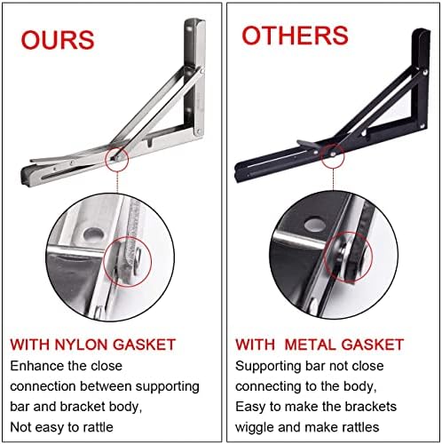 YUMORE Folding Shelf Brackets 8", Max Load: 300lb Heavy Duty Stainless Steel Collapsible Shelf Bracket for Table Work Be