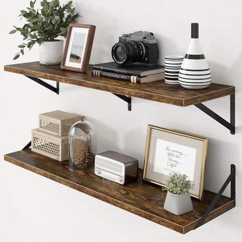 Axeman Deep Floating Shelves - 40 Inch Floating Shelves Set of 2-12 Inch Deep Brown Wood Wall Shelves for Living Room Ba