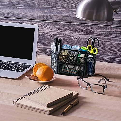 Desk Organizer, Office Supplies Pen Holder Organizers Multi-Functional Mesh Desk Organization Storage with 8 Compartments and 1 Drawer Stationery Caddy Oval for Office School Home Supply
