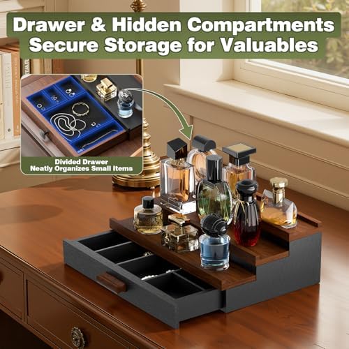 Perfume Cologne Organizer for Men: 3 Tier Wooden Perfumes Stand, Desktop Parfum Holder Wood Display Shelf with Cabinet, 