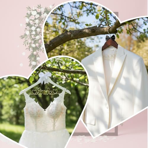 2 Pcs Bride Hanger Bride and Groom Wooden Wedding Dress Hanger Set with Bow Tie for Tuxedo Suit Wedding Gift Bridal Party Shower