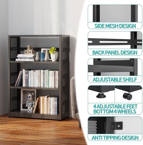 SteeLoong 3 Tier Bookshelf,Metal Storage Shelves, Wheels & Adjustable Feet