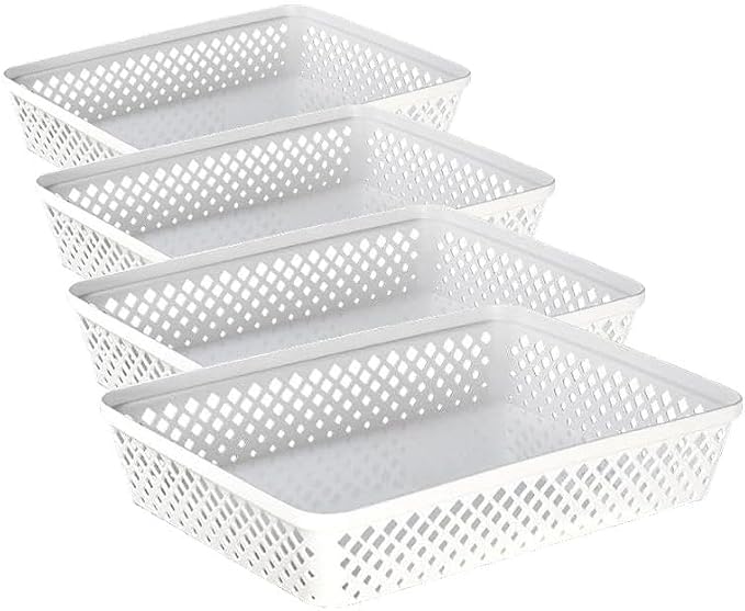 Glad Plastic Storage Basket Set - Multipurpose Drawer Trays, Kitchen Pantry Containers, and Bathroom Bins - Large Organizers, White, 3 Count (Pack of 4)