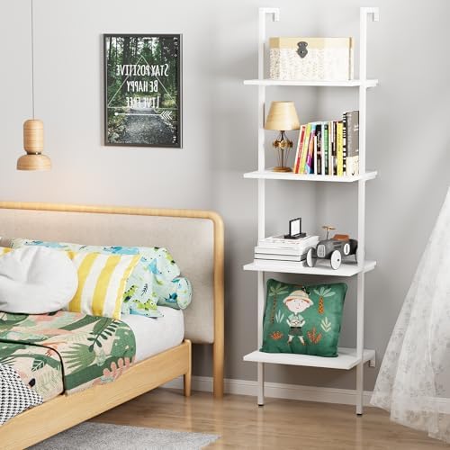 Wolawu Ladder Shelf 4 Tiers Metal Industrial Bookshelf,White Wooden Tall Open Storage Rack and Display Shelves,Wall Moun