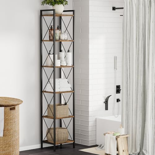 Homhedy 6 Tier Small Bookshelf, Tall Narrow Bookcase, Metal Book Shelf
