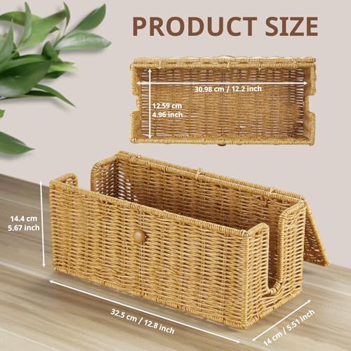 Cable Management Box, Handwoven Synthetic Rattan Cable Organizer, 2 Side Open Slots Cords Hider Box, Under Desk Cord Org