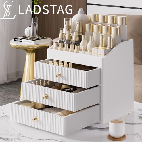 LADSTAG Vanity Organizers,Luxury Skincare Organizer with 3 Tier Drawers,Beige White Large Capacity Cosmetic Organizer Co