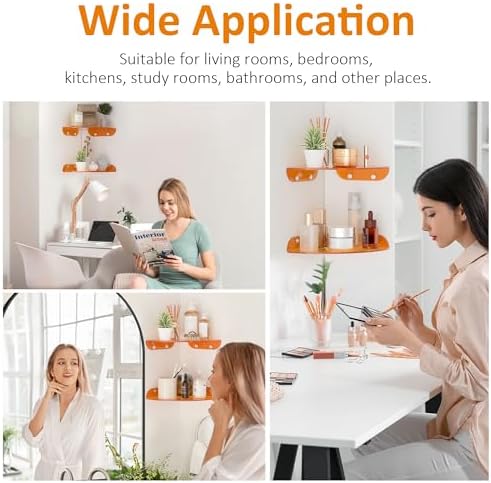 Sezanrpt 9.5x9.5 Inch Acrylic Corner Floating Shelf Set of 2, Orange Corner Wall Shelf for Home Décor, Speakers, Securit