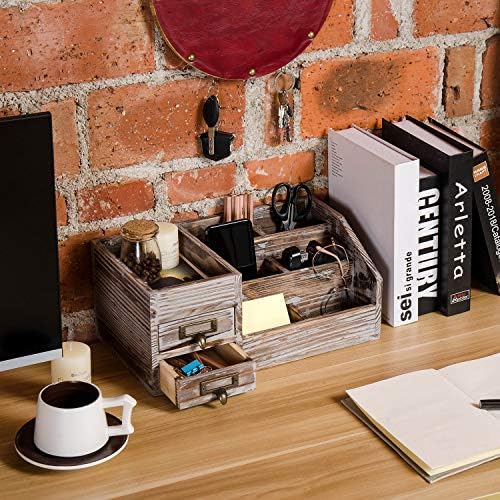 Liry Products Rustic Torched Wooden Desktop Organizer Dark Brown Tabletop Storage Cabinet Stepped Rack Multiple Compartments 2 Tier Drawers Makeup Accessory Sorter Display Box Home Office Supplies