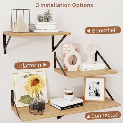 Axeman Deep Floating Shelves, 12 Inch Deep Rustic Oak Floating Wall Shelves Set of 2, 16W x 12D Large Floating Shelves L