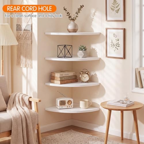 4 Pcs White Corner Floating Shelves for Wall with Cord Hole 10 Inch Rounded Corner Curved Hanging Shelves for Cable Box,
