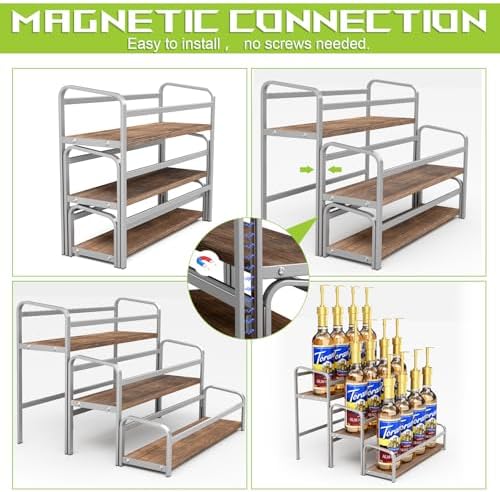 3-Tier Coffee Syrup Rack for Countertop, Large Capacity 12-Bottles Syrup Stand with Wood Shelf & Metal Frame for Coffee 