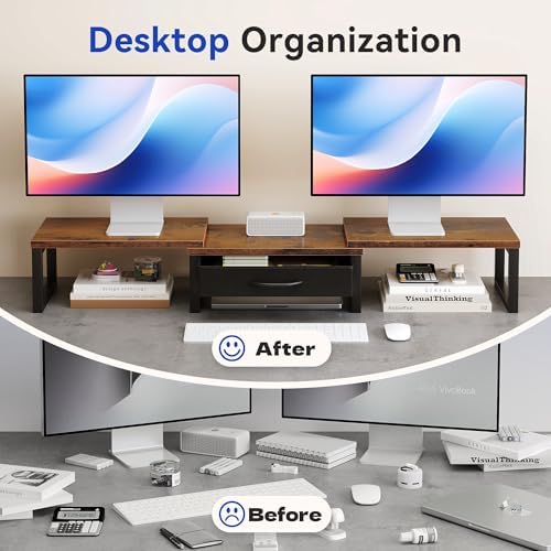 Desk Organizers and Accessories, Dual Monitor Stand Riser with Drawer, Computer Monitor Stand, Adjustable Desk Shelf for
