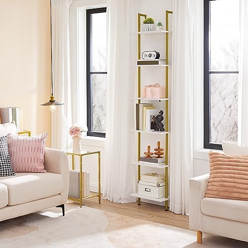HOOBRO DIY Ladder Shelf, 6-Tier Wooden Wall Mounted Bookshelf, Narrow Gold Bookcase, Display Shelf, Storage Rack, Plant 