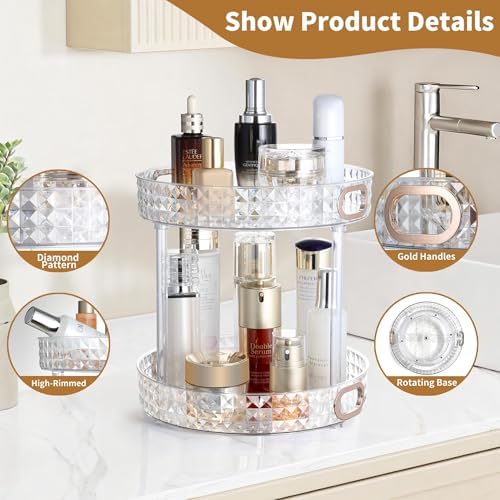 360 Rotating Makeup Organizer, 2 Tier, Diamond Pattern, Clear