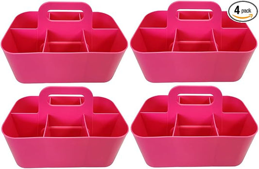Small Stackable Plastic Caddy with Handle 6 Compartment | Desk, Makeup, Dorm Caddy, Classroom Art Organizers - 4 Pack, Made In USA (Hot Pink)