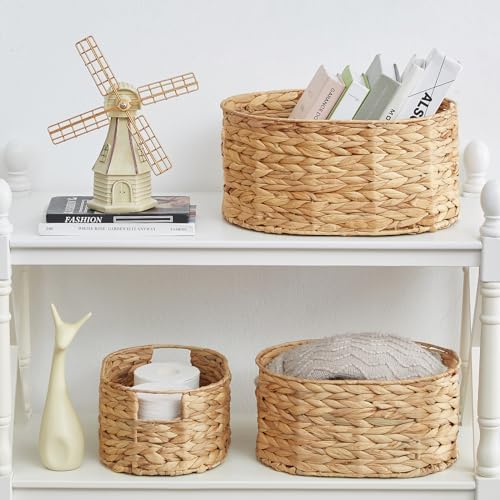 Vagusicc Wicker Basket, 3-Pack Hand-Woven Water Hyacinth Wicker Storage Basket with Handles, Large Woven Storage Baskets