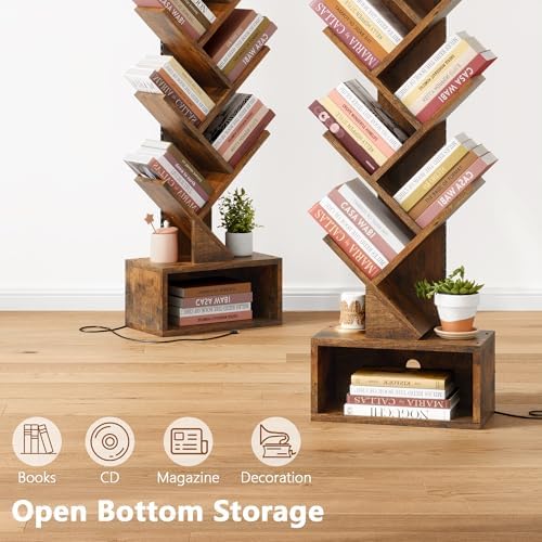 Hoctieon 9 Tier Tree Bookshelf, Tall Bookcase, Freestanding Book Shelf with LED Lights, Display Floor Standing Storage S
