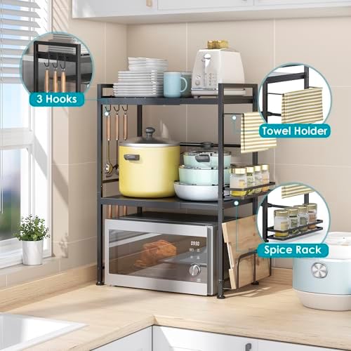 DOLALIKE Microwave Oven Rack, Expandable Microwave Stand Countertop Kitchen Utensils Tableware Storage, Carbon Steel Ove