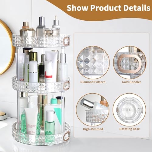 360 Rotating Makeup Organizer, 3 Tier, Diamond Pattern, Clear