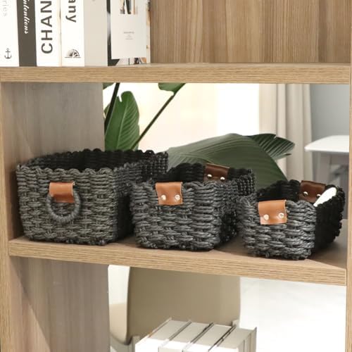 QINGTUHONE Woven Paper Rope Wicker Basket for Organizing(Set of 3,Black)