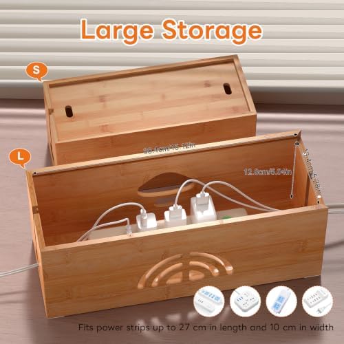 Pezin & Hulin Bamboo Cable Management Box, Power Strip Organizer, Large