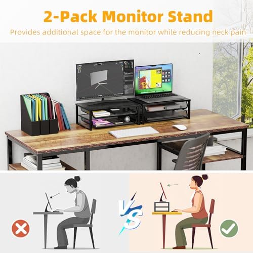 Ekisemio 2-Pack 2-Tier Monitor Stand Riser with Drawer, Metal Computer Desk Organizer for Home Office, Black