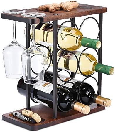 ALLCENER Wine Rack with Glass Holder, Countertop Wine Rack, Wooden Wine Holder with Tray, Perfect for Home Decor & Kitch