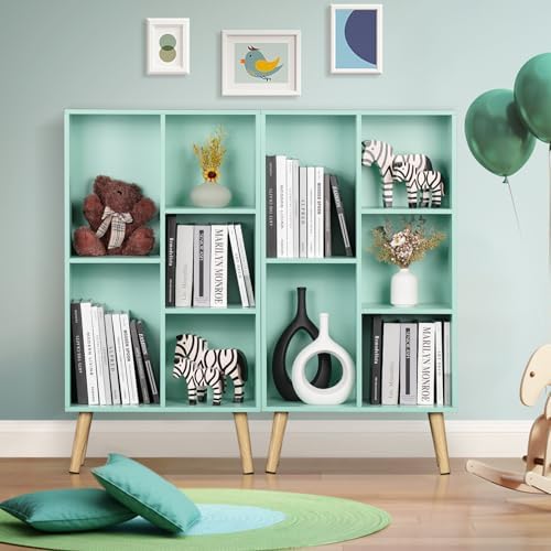 LEYAOYAO 5 Cube Bookshelf, Mid-Century Modern Book Shelf with Legs, Green