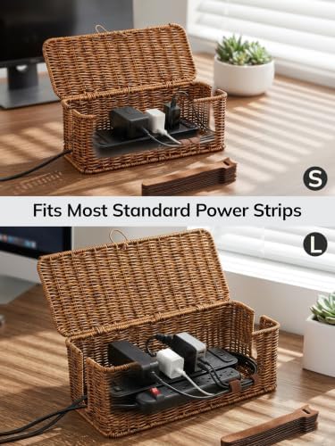 Cable Management Box, Cord Organizer with Lid & Cable Ties - Brown Set