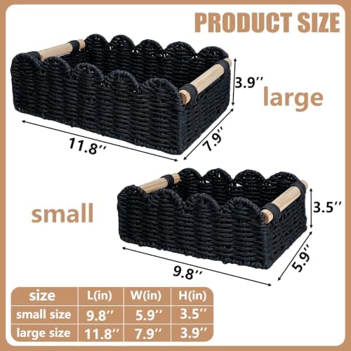 Black Scalloped Wicker Storage Basket Organizer with Handles 2 Pack,Paper Rope Decorative Toilet Paper Baskets & Bathroo