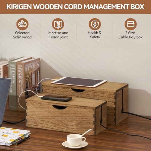 KIRIGEN Wooden Cable Management Box Set of 2, Cord Organizer, Brown